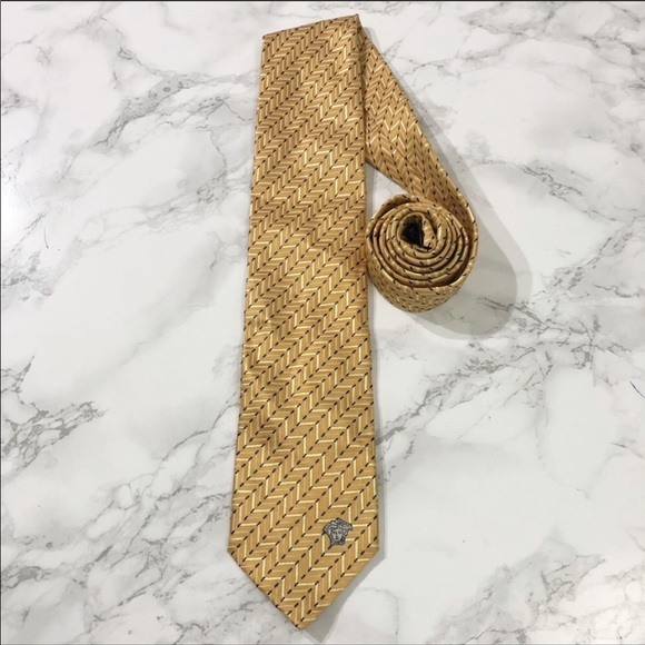 Versace Gold Orange Striped Zigzag Medusa Tie EUC